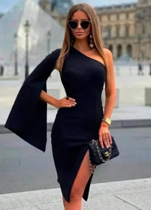 Midi φόρεμα με έναν ώμο & καμπάνα μανίκι & σκίσιμο – Μαύρο