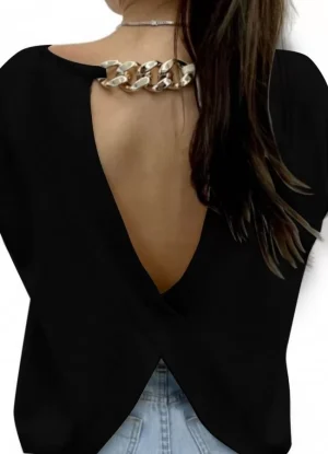μπλούζα πλεκτή με ανοιχτή πλάτη & χρυσή αλυσίδα – Μαύρο