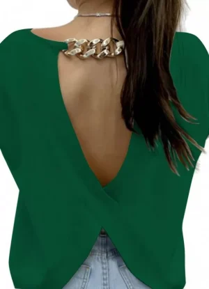 μπλούζα πλεκτή με ανοιχτή πλάτη & χρυσή αλυσίδα – Πράσινο