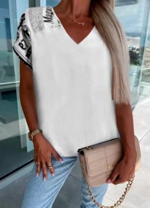μπλούζα σε φαρδιά γραμμή κοντομάνικη με τύπωμα στην πλάτη – Λευκό