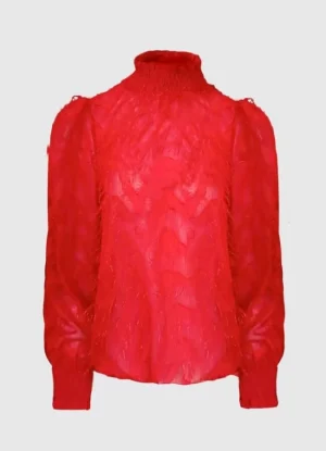 μπλούζα ζιβάγκο μουσελίνα με κρόσσια & σφηκοφωλιά λαιμό & μανίκια – Kόκκινο