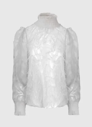 μπλούζα ζιβάγκο μουσελίνα με κρόσσια & σφηκοφωλιά λαιμό & μανίκια – Λευκό