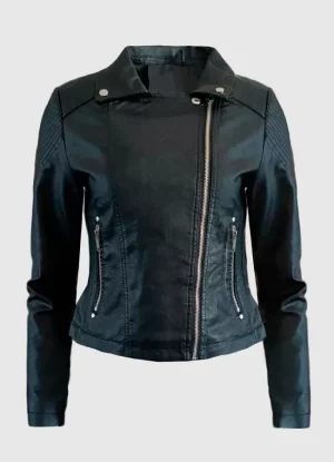 μπουφάν jacket κοντό μεσάτο με λοξό φερμουάρ & ραφές στους ώμους – Μαύρο
