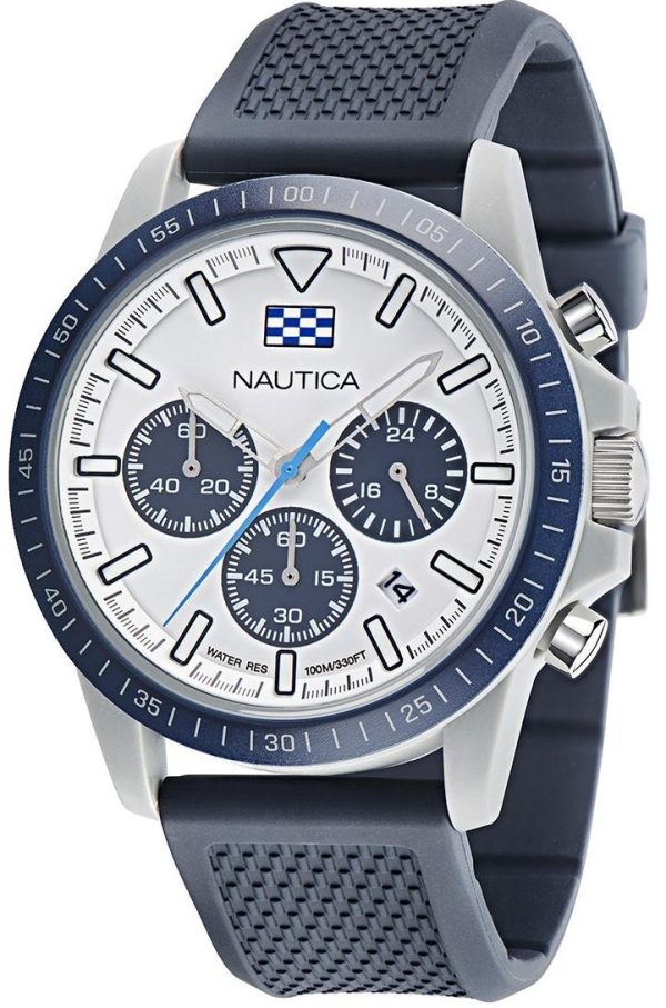 nautica one eco chronograph napnof3s1 silver case with blue rubber strap image1