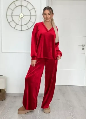 Oversize βελουτέ σετ φόρμες V – Κόκκινο