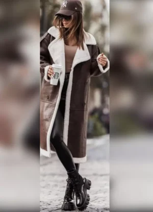 παλτό μακρύ δερματίνη με λεπτομέρειες γούνας & τσέπες – Καφέ