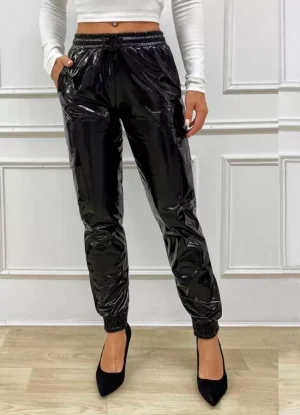 παντελόνι βινύλ με τσέπες & λάστιχο στο τελείωμα – Μαύρο