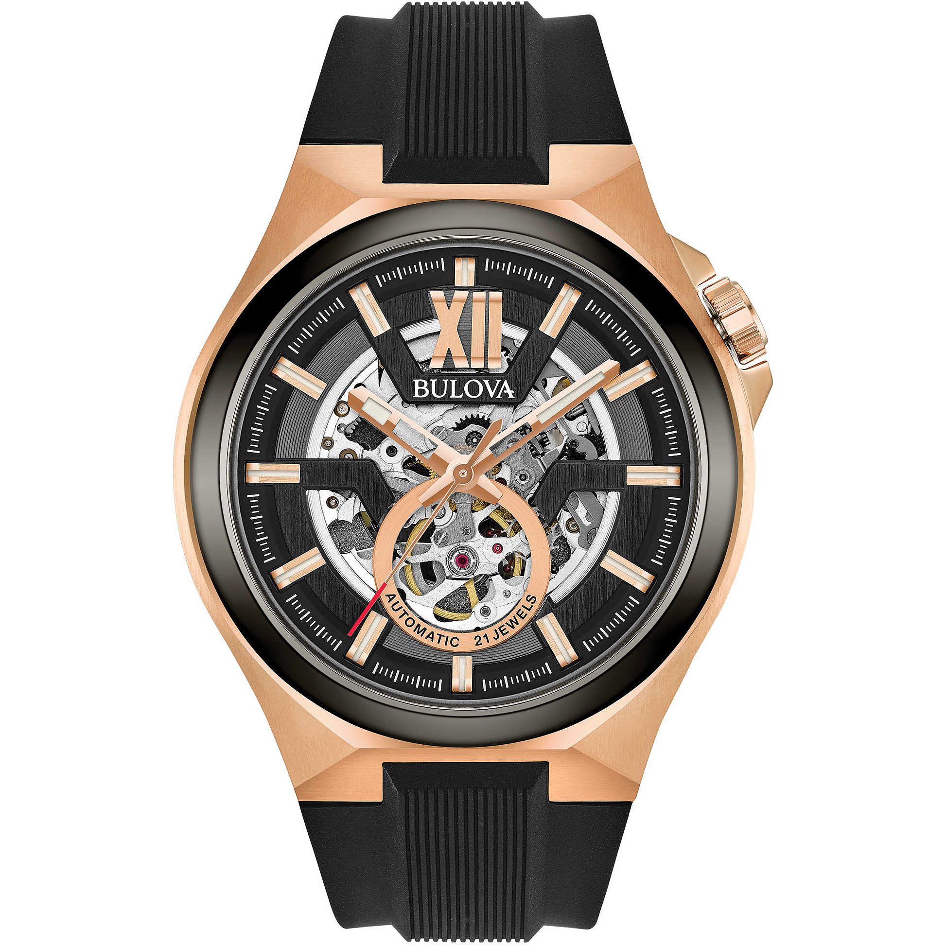 bulova mechanical automatic 98a177 rose gold case with black rubber strap image1