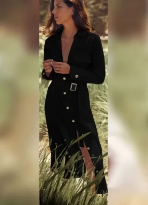 φόρεμα midi με τσέπες & υφασμάτινη ζώνη – Μαύρο