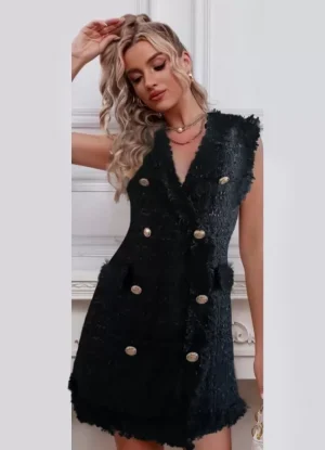 φόρεμα mini αμάνικο κρουαζέ με διακοσμητικά κουμπιά – Μαύρο