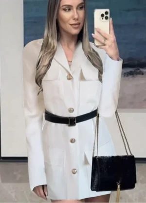 φόρεμα mini με τσέπες & ζώνη – Λευκό