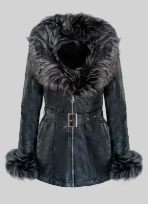 Jacket δερματίνη με ζώνη & γούνα περιμετρικά στον γιακά &στα μανίκια – Μαύρο