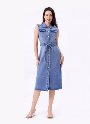 Jean φόρεμα midi αμάνικο με ζώνη & τσέπες στο μπούστο – Μπλε