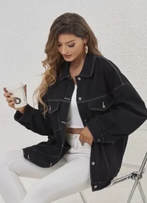 Jean jacket oversize με τσέπες – Μαύρο