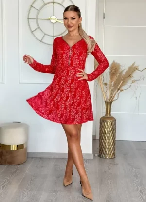 Mini φόρεμα δαντέλα με φερμουάρ στο ντεκολτέ – Κόκκινο