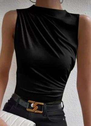 μπλούζα αμάνικη ελαστική ντραπέ στη μέση & σούρα στον ώμο – Μαύρο