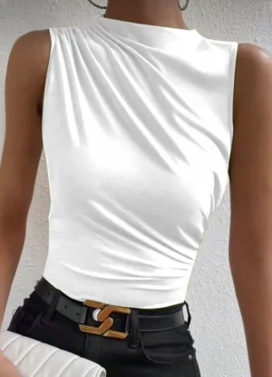 μπλούζα αμάνικη ελαστική ντραπέ στη μέση & σούρα στον ώμο – Λευκό