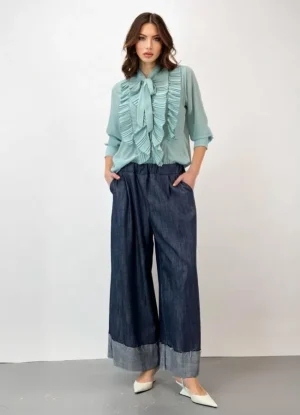 παντελόνι ψηλόμεσο φαρδύ με τσέπες & ιδιαίτερο τελείωμα τύπου ζιπ κιλότ – Jean