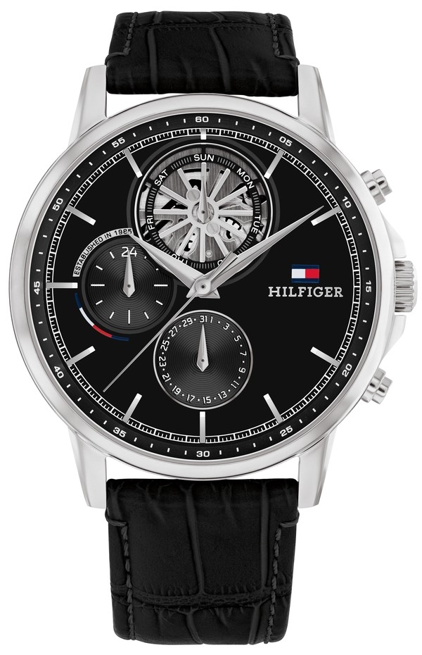 tommy hilfiger stewart 1710605 silver case with black leather strap image1