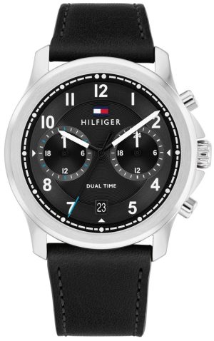 TOMMY HILFIGER Wesley Dual Time – 1710624, Silver case with Black Leather Strap