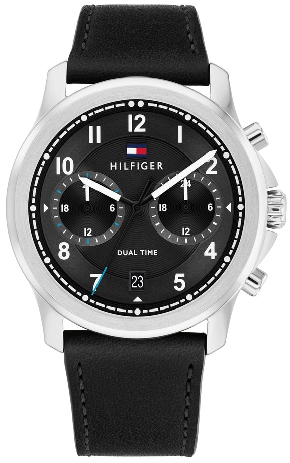 tommy hilfiger wesley dual time 1710624 silver case with black leather strap image1