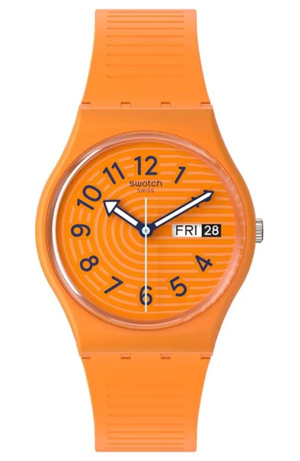 swatch trendy lines in sienna so28o703 orange case with blue rubber strap image1