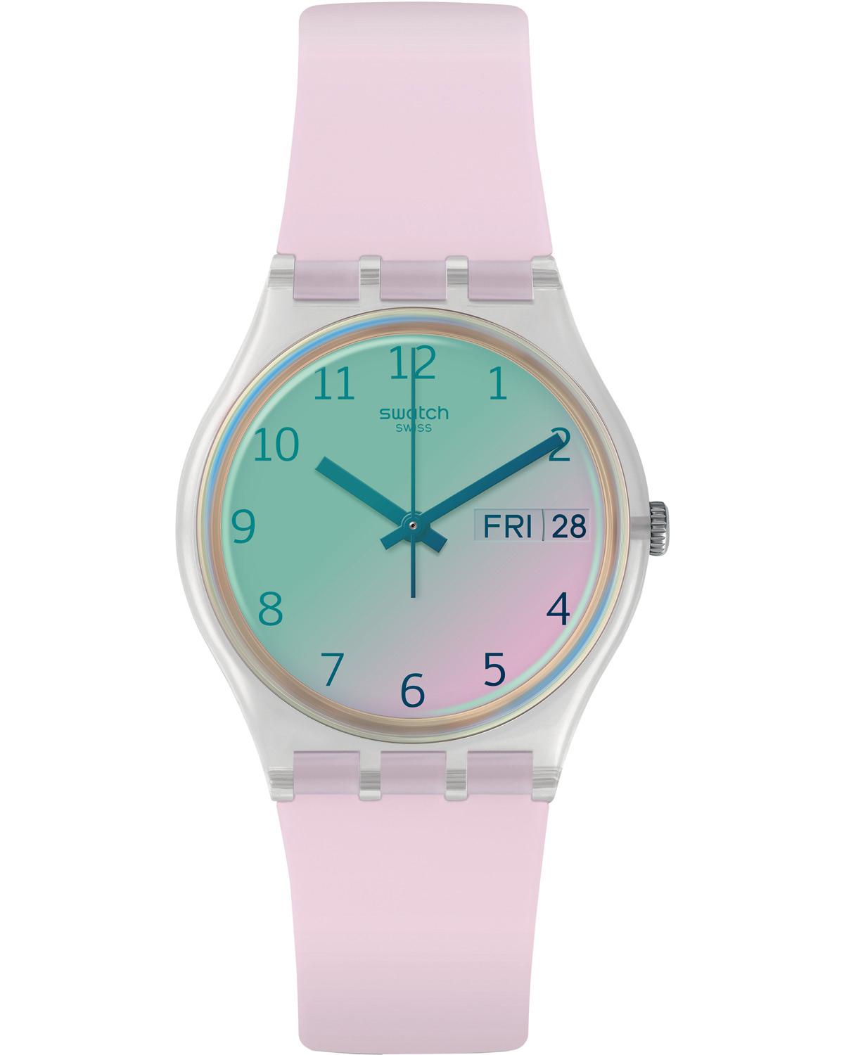 swatch ultrarose ge714 transparent case with pink rubber strap image1 1